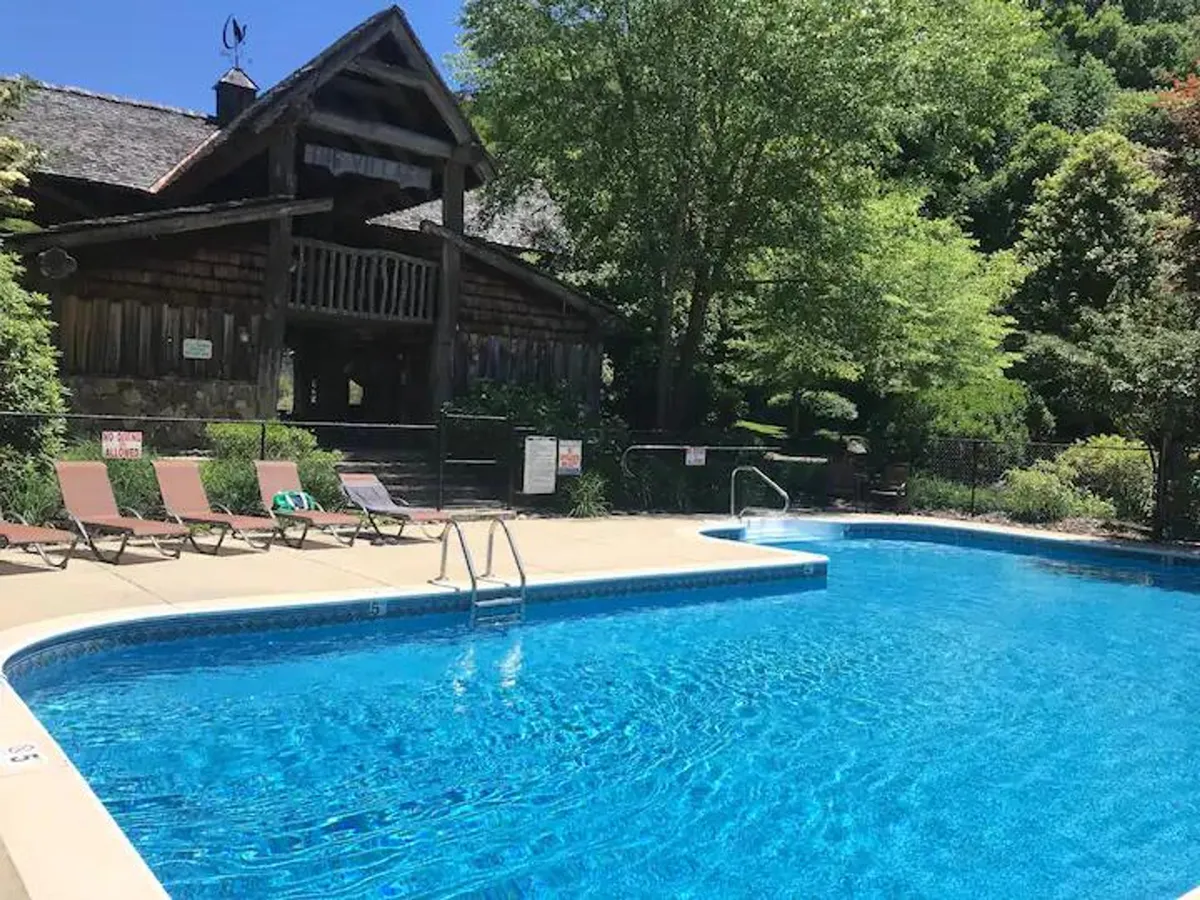 A vibrant exterior image featuring a swimming pool surrounded by lounge chairs, with a cozy wooden cabin and green trees in the background. The deck area is visible, suggesting a space for relaxation and socialization amidst natural beauty. The scene is cheerful, capturing outdoor leisure and community.